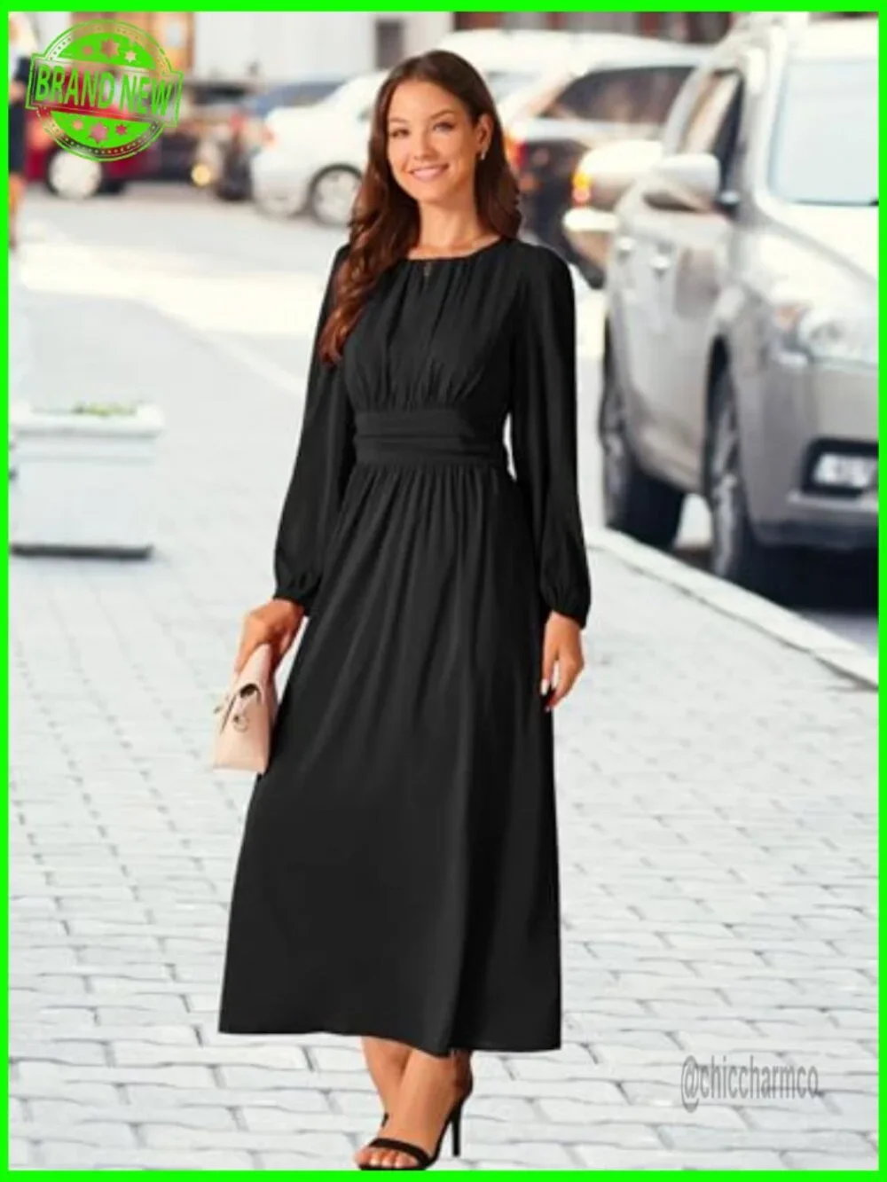 Large Formal Maxi Dress Long Sleeve Chiffon A-Line Crewneck - Picture 2 of 5